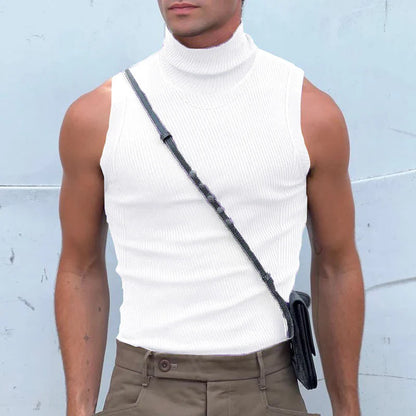 Fashion Sleeveless Turtleneck Tank Tops Men New Casual Solid Color Ribbed Camisole Mens Trendy Bottom Tops Male Vest Streetwear