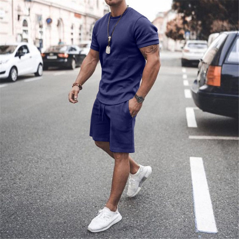 jiaabc Men's Sports Suit Summer Breathable T-shirt 2 piece Set Men Solid Color Fitness Gyms Running Sportswear Male Tracksuit 2023 New