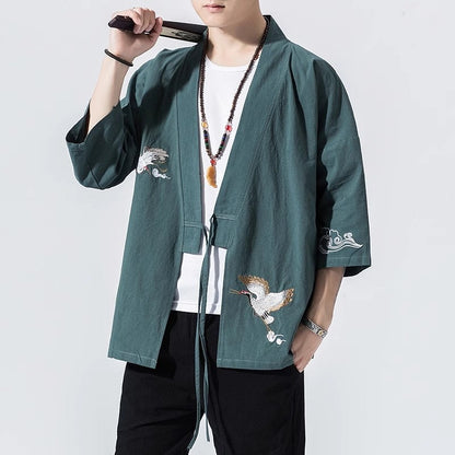 jiaabc  Summer Men's Kimono Jackets Cardigan Mens Lightweight Casual Cotton Blends Linen Seven Sleeves Open Front Coat Outwear