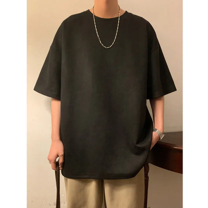 Summer Short Sleeved T-shirt Men Retro Solid Color Round Neck T Shirt Men Streetwear Hip-hop Loose Suede T Shirt Mens Top M-3XL