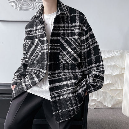 jiaabc Autumn Plaid Woolen Coat Men Fashion Retro Casual Oversized Woolen Jacket Men Korean Loose Woolen Shirt Mens Overcoat M-2XL