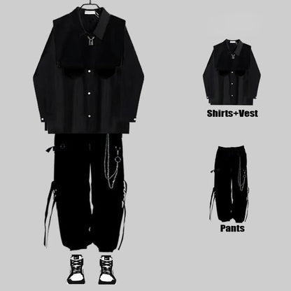 jiaabc Techwear Men's Sets Black Cargo Pants Men's Shirt Kit Long Sleeve Shirts Korean Streetwear Hip Hop Harajuku Spring