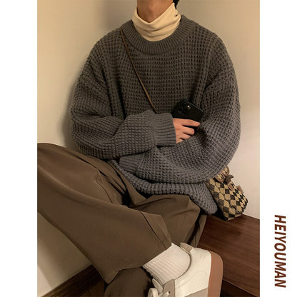 jiaabc Men's Waffle Sweaters Round Neck Solid Color Korean Style Male Knitted Pullovers Loose Casual Winter Knitwear