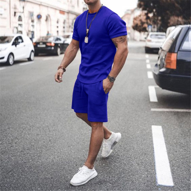 jiaabc Men's Sports Suit Summer Breathable T-shirt 2 piece Set Men Solid Color Fitness Gyms Running Sportswear Male Tracksuit 2023 New