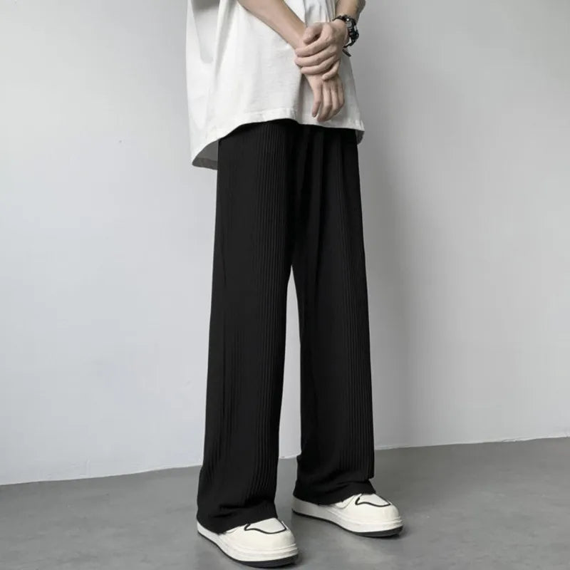 jiaabc Summer Casual Pants Men Fashion Oversized Wide Leg Pants Men Trousers Streetwear Korean Loose Pleated Pants Mens Ice Silk Pants