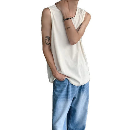 Summer Pleated Vest Men Fashion Casual Ice Silk T Shirt Men Streetwear Hip-hop Loose Sleeveless T Shirt Mens Vest Top M-XL