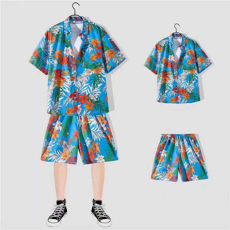 jiaabc 2 Piece Sets Men Beach Fashion M-3XL Baggy Handsome Print Shirts Shorts Hawaiian Holiday Unisex Thin Summer Vintage Clothing Ins