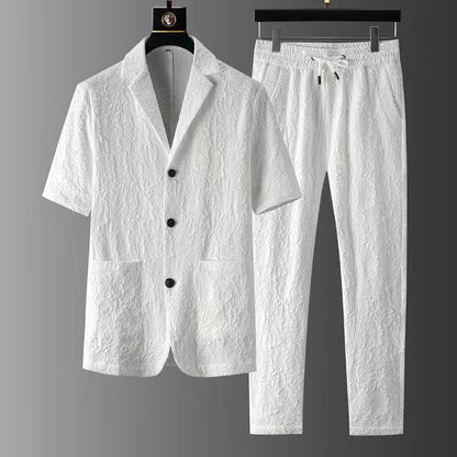 jiaabc Men Blazers Two piece Sets Spring Summer Pleated Solid Shorts Sleeve Shirts Drawstring Pants Suits Thin Casual Outfits Clothing