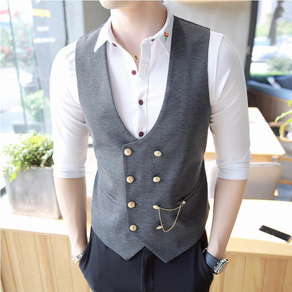 Men's Double Breasted Vest Spring New Slim Sleeveless Formal Suit Vest Gray Black Fashion Men's Business Casual Suit Vest