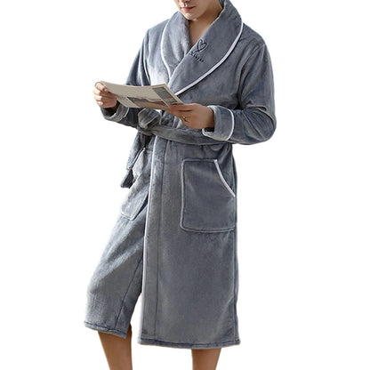 jiaabc Long Sleeve Pocket Belt Solid Color Men Bathrobe Winter Warm Hooded Long Fleece Home Gown Sleepwear