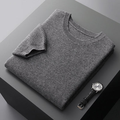 100% Pure Wool T-Shirt Men's Round Neck Pullover Short Sleeve Autumn Winter New Honeycomb Stitch Vest Casual Sweater