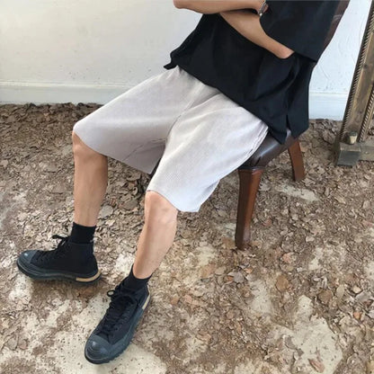 Summer Ice Silk Shorts Men Fashion Gray Pleated Shorts Men Japanese Streetwear Loose Beach Shorts Mens Oversized Casual Shorts