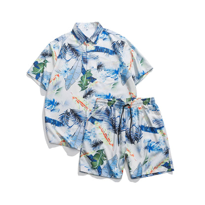 jiaabc Hawaii Casual Men's Two Pieces Sets Summer Floral Print Short Sleeve Shirt Suit Large Size Male Beach Clothing