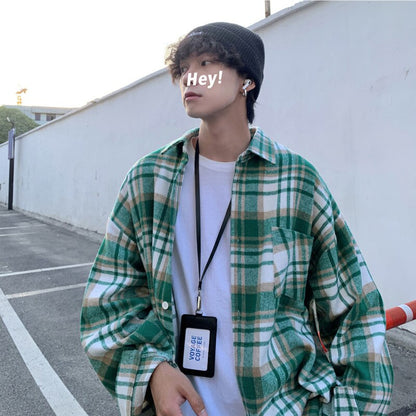 jiaabc Autumn Thick Woolen Shirt Men Fashion Retro Casual Oversized Plaid Shirts Mens Korean Blue/Green Loose Long-sleeved Shirt Men