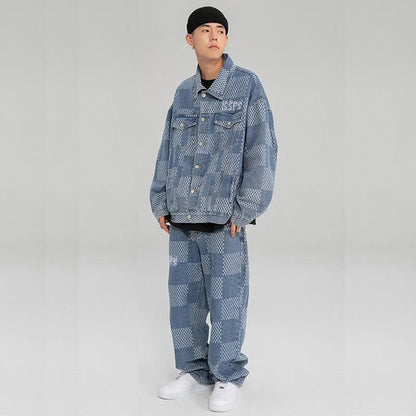 jiaabc Hip Hop Denim 2pcs Suit Men Women Trend Streetwear Denim Plaid Jacket and Punk BF Style Jeans Male Female Two Piece Set