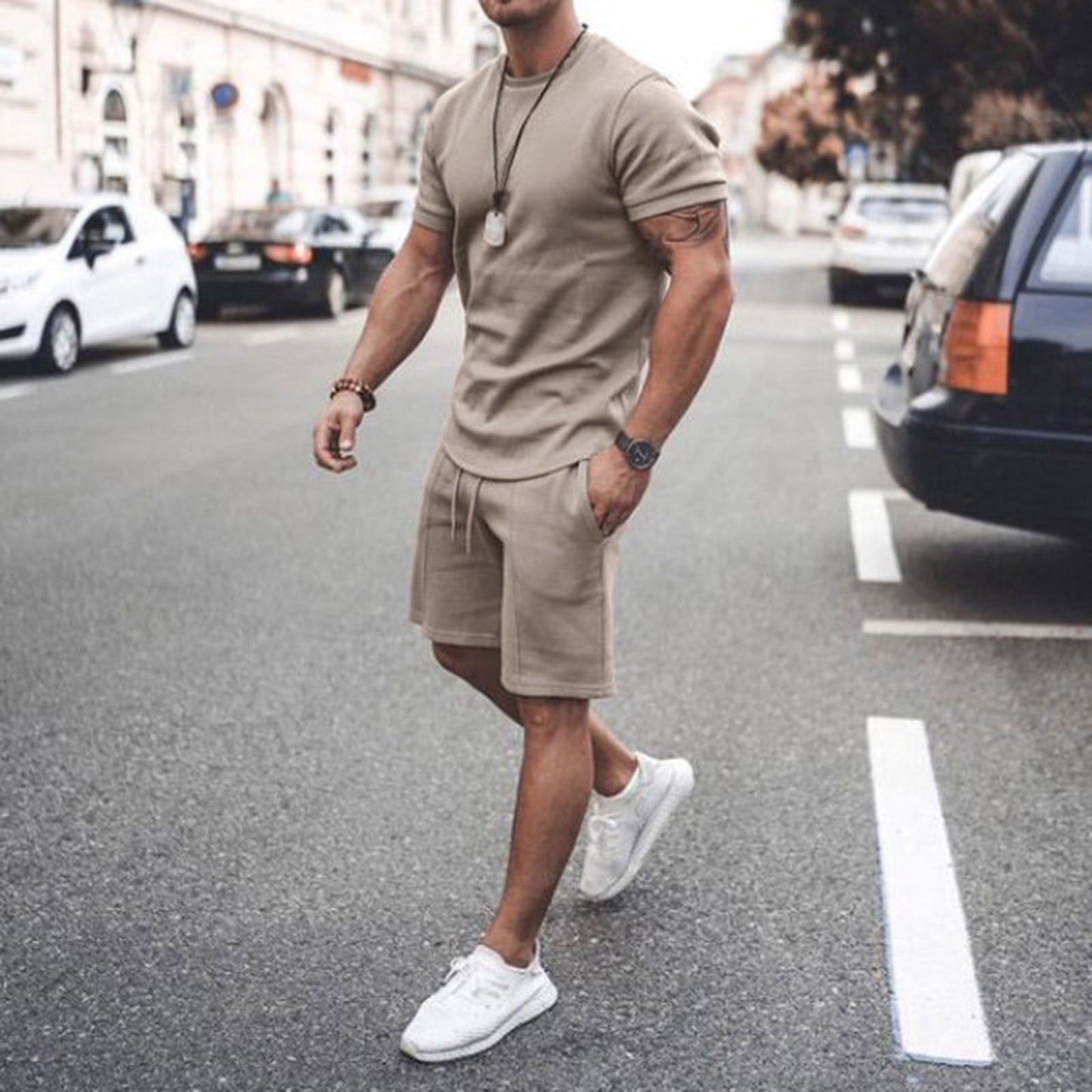 jiaabc Men's Sports Suit Summer Breathable T-shirt 2 piece Set Men Solid Color Fitness Gyms Running Sportswear Male Tracksuit 2023 New