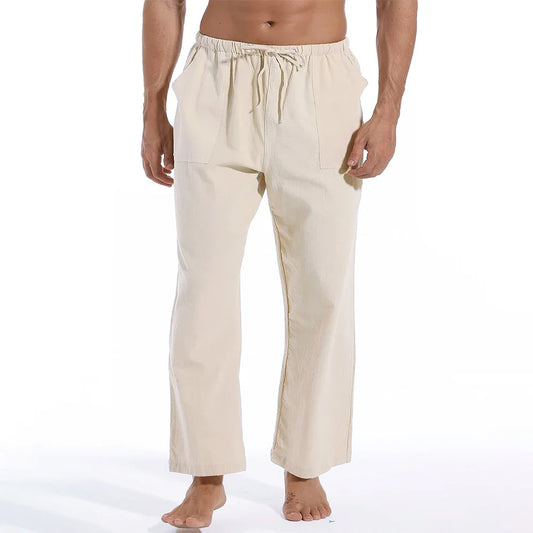 jiaabc New Men's Casual Linen Pants Solid Color Breathable Yoga Cotton Trousers Male Casual Elastic Waist Drawstring Fitness Pants