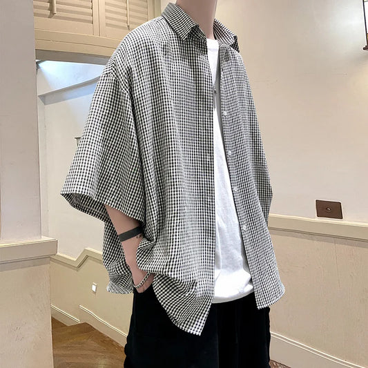 jiaabc Shirt Man fashion Streetwear Casual Plaid Shirt Men'S Half Sleeve High Quality 2024 Loose Spring Summer Fashion Chemise Homme