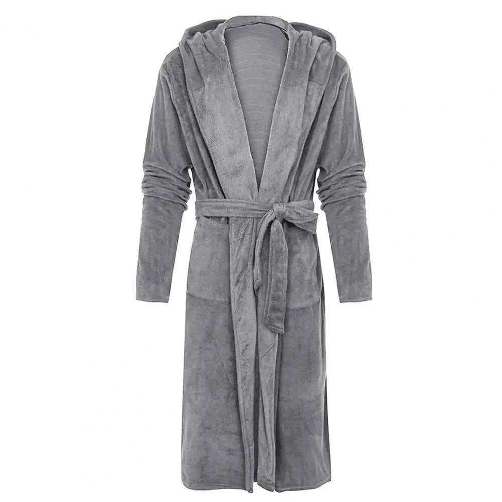 jiaabc Long Sleeve Pocket Belt Solid Color Men Bathrobe Winter Warm Hooded Long Fleece Home Gown Sleepwear