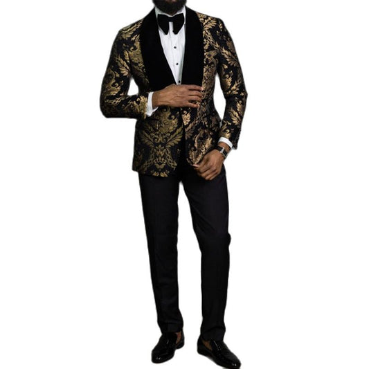 Black Floral Jacquard Men Suits for Prom 2 Piece Slim Fit with Velvet Shawl Lapel Wedding Groom Tuxedo Male Fashion Clothes 2023