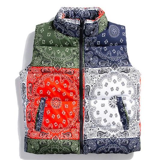 jiaabc Winter Padded Vest Paisley Bandana Pattern Thick Warm Vests Fashion Streetwear Hip Hop Puffer Jackets Parkas Coats Men