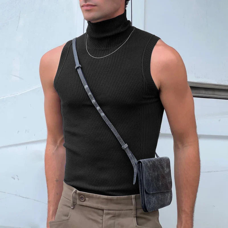 Fashion Sleeveless Turtleneck Tank Tops Men New Casual Solid Color Ribbed Camisole Mens Trendy Bottom Tops Male Vest Streetwear