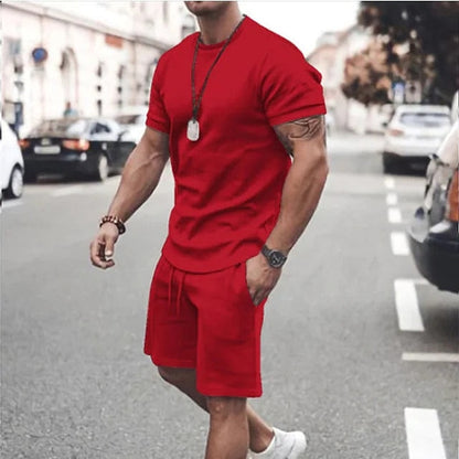 jiaabc Men Clothing T-shirt Suits Shorts and T Shirt Set Solid Colored Crew Neck Drawstring 2 Piece Apparel Designer Sportswear Classic