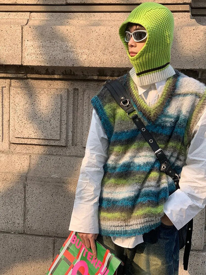 jiaabc Vintage Sweater Vest Men's Knitted Sleeveless Men Sweaters Retro V-neck Pullover Blue Japanese Streetwear Harajuku