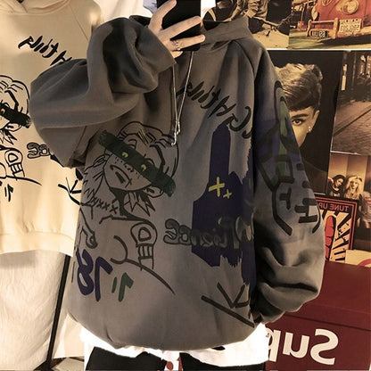 jiaabc Autumn and winter Korean style trend plus fleece hooded sweater men graffiti hip-hop all-match loose printed coat couple sweater