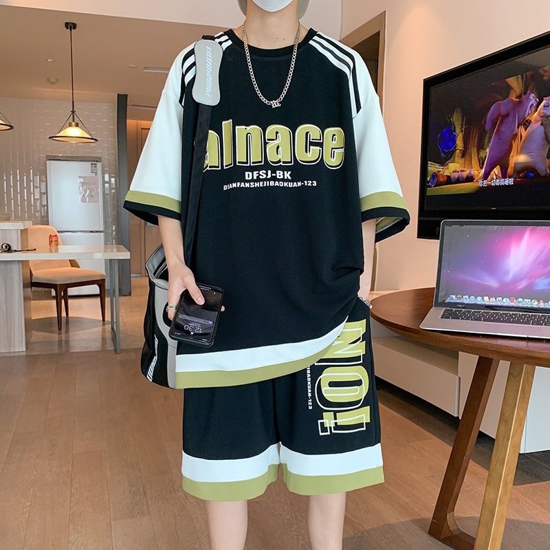 jiaabc Hip Hop Summer Set 2023 Cool Boys' Letter Print Short Sleeve T-shirt Spliced Shorts Set High Street Vitality Casual Streetwear