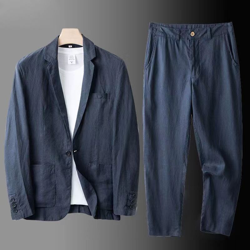 jiaabc Spring Autumn Fashion Men Linen Two-piece Set Blazer Jacket + Pants Solid Slim Fit Casual Business Thin Clothing Breathable Suit