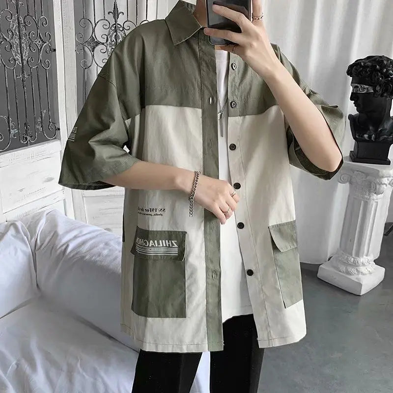 jiaabc Elegant Fashion Shirts Loose Solid Patchwork Casual Turn-down Collar Short Sleeve Pockets Spring Summer Thin Men's Clothing