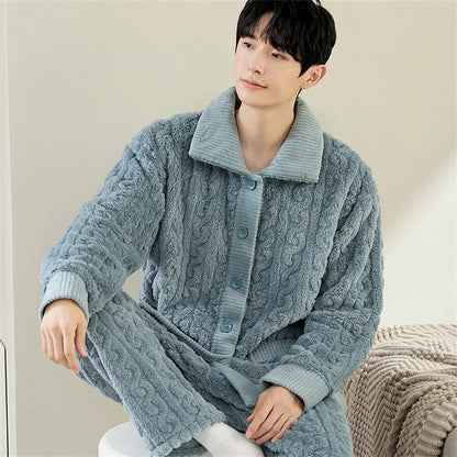 jiaabc Men Warm Flannel Winter Pajamas Turn-down Collar Long Sleeve Homewear Two-piece Set Loose Comfortable Thick Sleepwear Nightwear