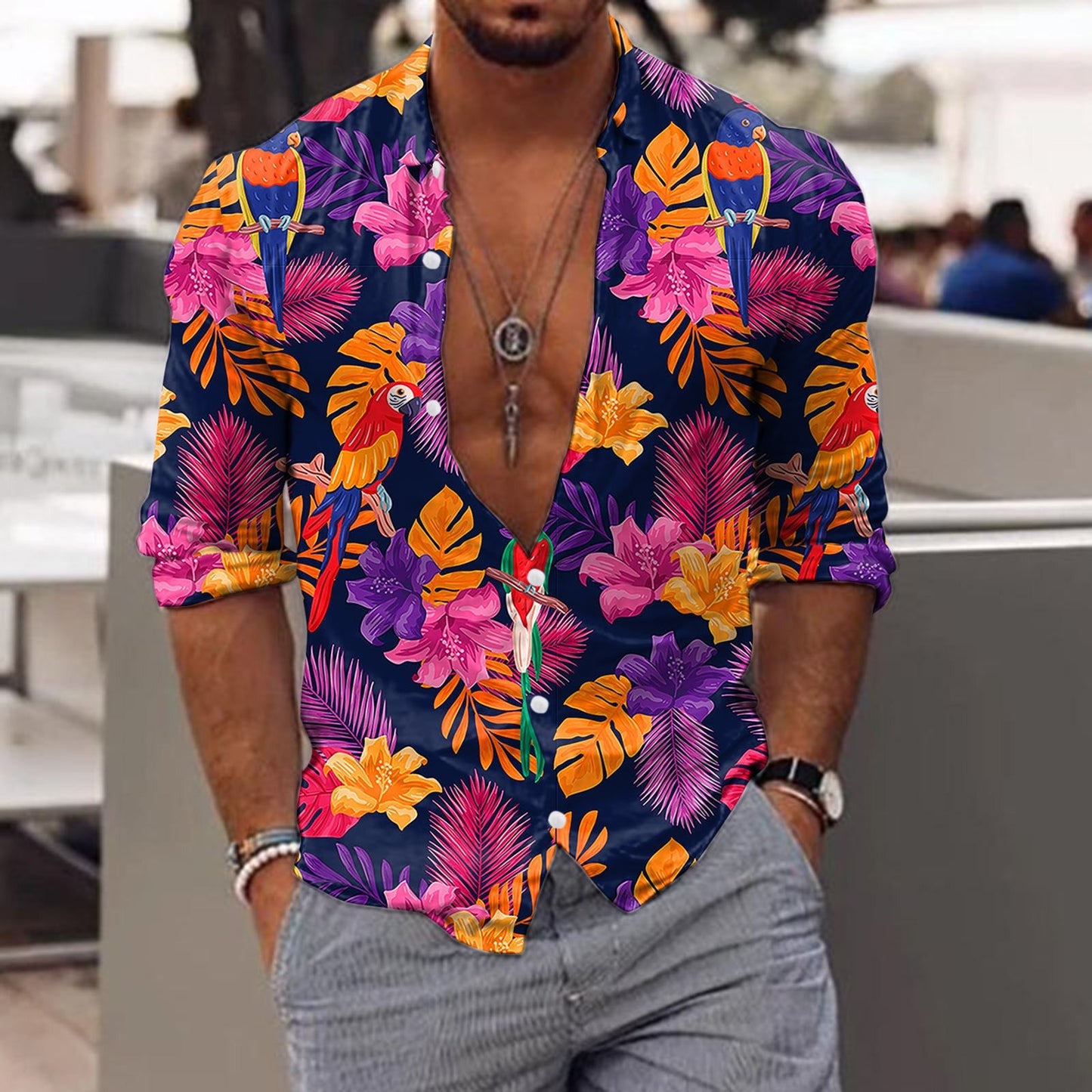 jiaabc Spring Autumn Men Hawaiian Shirts Turn-down Collar Buttoned Tops Men's Casual Tropical Printed Long Sleeve Shirt Streetwear