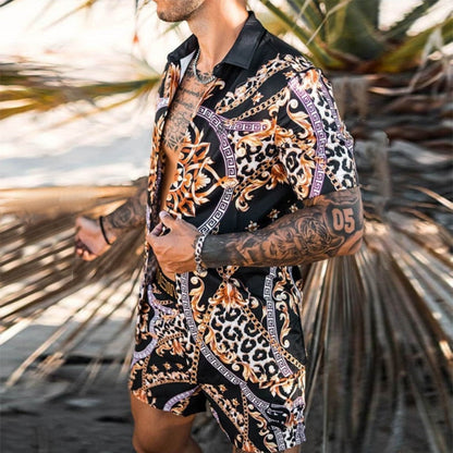 jiaabc NEW Men leopard print Hawaiian Sets Summer Short Sleeve Button Shirt Beach Shorts Streetwear Casual Mens Suit 2 Pieces