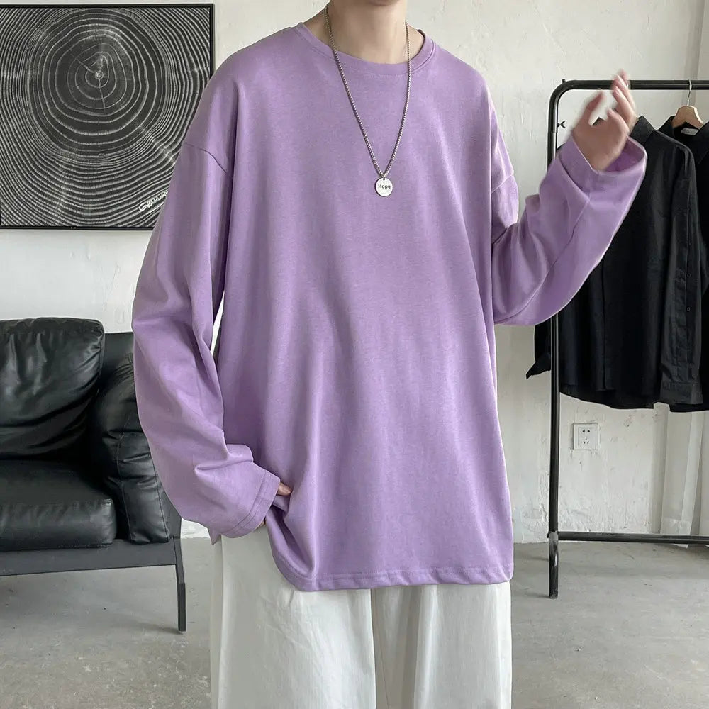 jiaabc FALL OUTFITS MEN Long Sleeve Casual Solid Color Cotton T Shirt For Men Spring Autumn O-neck Oversized Men's T-shirt