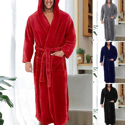 jiaabc Long Sleeve Pocket Belt Solid Color Men Bathrobe Winter Warm Hooded Long Fleece Home Gown Sleepwear