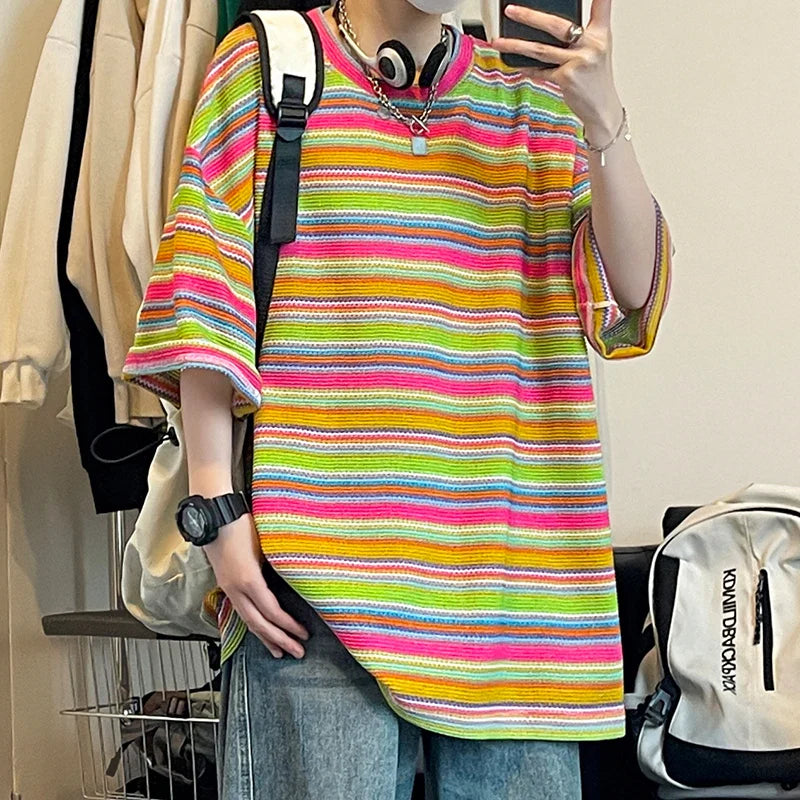 Summer Short Sleeved T-shirt Men Oversized Colorful Striped T Shirt Men Streetwear Hip-hop Loose Round Neck T Shirt Mens Top