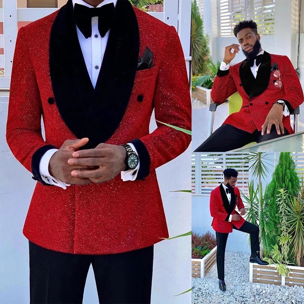 jiaabc Double Breasted Red Suits for Men Slim Fit Floral Groom Wedding Tuxedo Blazer with Pants Formal Business 2 Pieces Set Costume