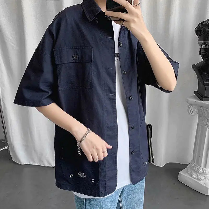 jiaabc Elegant Fashion Shirts Loose Solid Patchwork Casual Turn-down Collar Short Sleeve Pockets Spring Summer Thin Men's Clothing