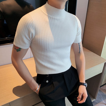 jiaabc Fall Winter New Short Sleeve Knitted Sweater Men Clothing Half High Neck Slim Fit Sweater T-shirt Casual Stretch Homme Pullover