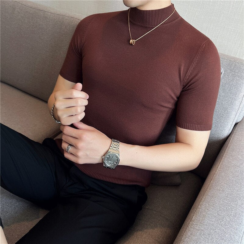 jiaabc Autumn High Quality Short Sleeve Knitted T Shirts  Men Slim Solid Pullovers Half Turtleneck Casual Stretched Tee Shirt Homme