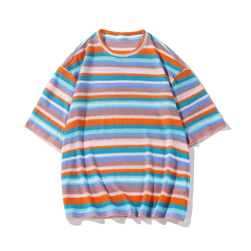 Summer Short Sleeved T-shirt Men Oversized Colorful Striped T Shirt Men Streetwear Hip-hop Loose Round Neck T Shirt Mens Top