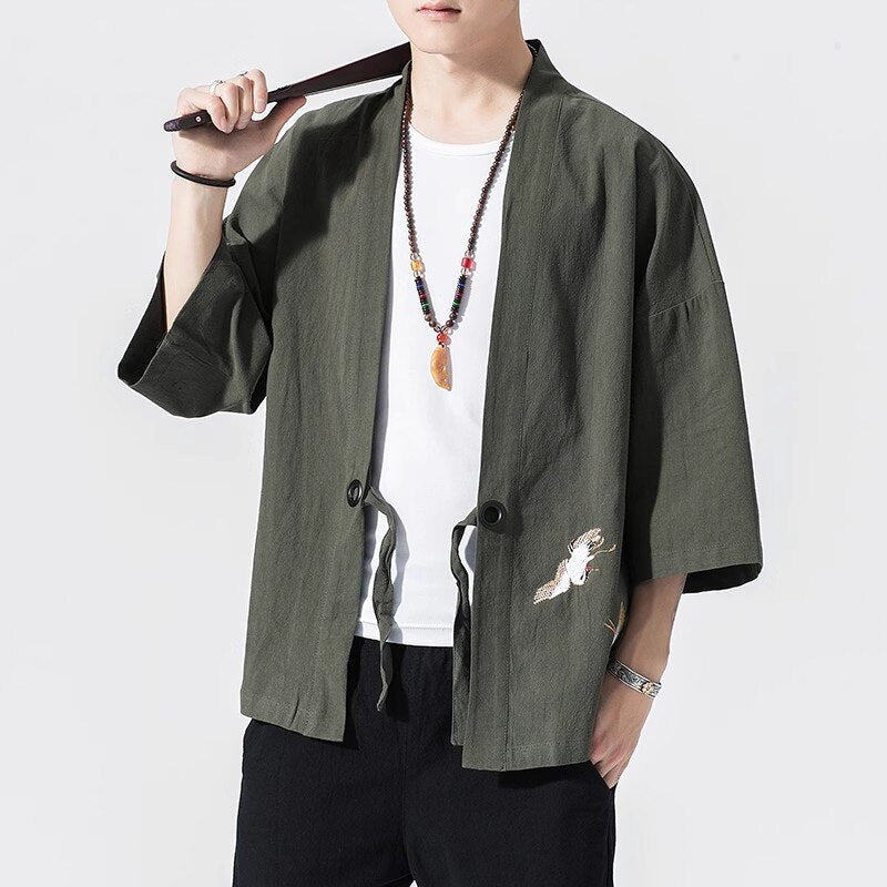 jiaabc  Summer Men's Kimono Jackets Cardigan Mens Lightweight Casual Cotton Blends Linen Seven Sleeves Open Front Coat Outwear