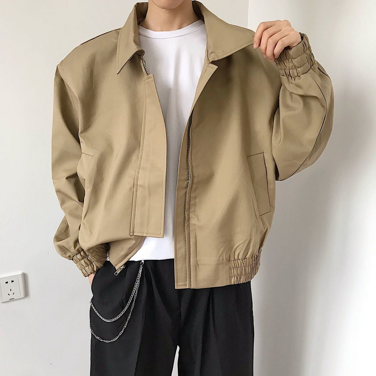 jiaabc Spring New Short Jacket Men's Long Sleeved Solid Color Square Collar Fashion Loose Casual Zipper Bomber Jacket Streetwear