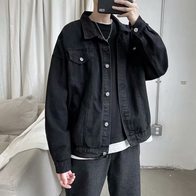 jiaabc Black Denim Short Jacket Men Turn Down Collar Bomber Jacket Jeans Coats Casual Pockets Overalls Streetwear Man Clothing Outwear