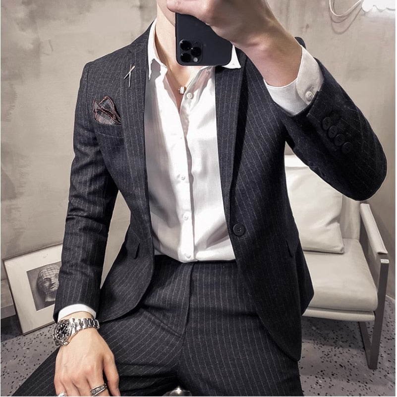 jiaabc (Jacket+Pants) Fashion Men's Pure Color Leisure Suits Gray Blue Black Slim Fit Men Business Banquet Suit Set Plus Size 3XL 4XL