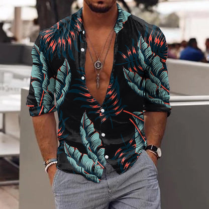 jiaabc Spring Autumn Men Hawaiian Shirts Turn-down Collar Buttoned Tops Men's Casual Tropical Printed Long Sleeve Shirt Streetwear