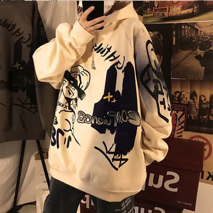 jiaabc Autumn and winter Korean style trend plus fleece hooded sweater men graffiti hip-hop all-match loose printed coat couple sweater