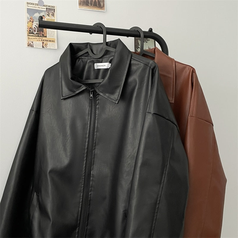 jiaabc PU Leather Jackets Men Bomber Coats American Retro Streetwear Chic Handsome Zip-Up Y2k Clothes Cool Pure Minimalist Chaqueta New